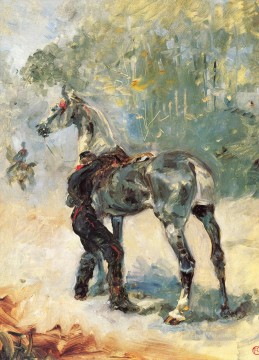 アンリ・ド・トゥールーズ・ロートレック Painting - 馬に鞍を置く砲兵 1879 年 トゥールーズ ロートレック アンリ・ド